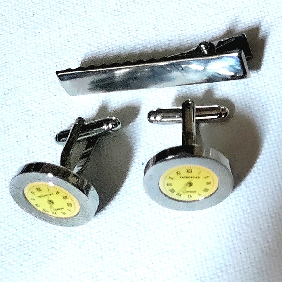 NEW Cufflinks: *London Watch - Clock* with Tie Bar! Stainless Steel. Bullet Back - Picture 2 of 5
